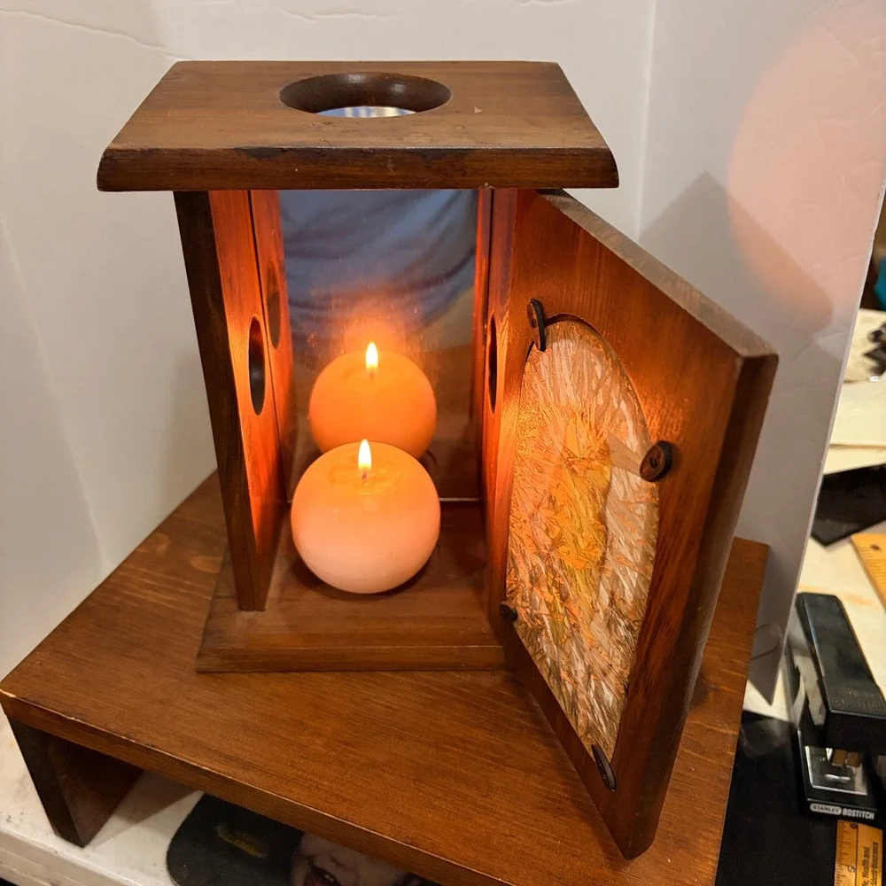 Vintage Rustic Wood Owl‎ Lantern Candle Holder Box Mirror Interior Amber Glow
